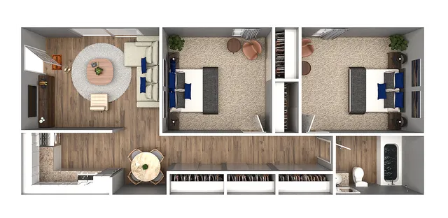 3D apartment floor plan featuring two bedrooms, a stylish living room, and a modern kitchen layout.