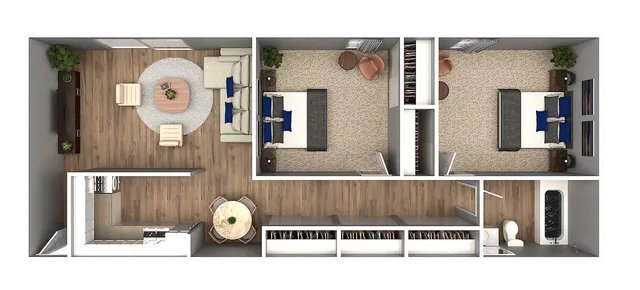 Stylish 3D floor plan featuring 2 bedrooms, a spacious living area, modern kitchen, and a cozy dining space.