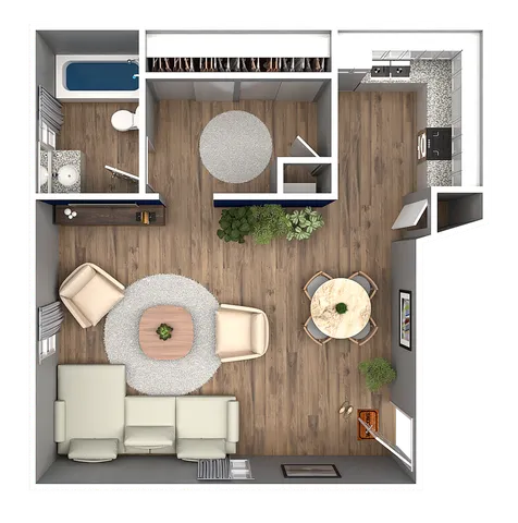 3D floor plan of a modern apartment featuring a spacious living area, integrated kitchen, chic dining space, and elegant bathroom.