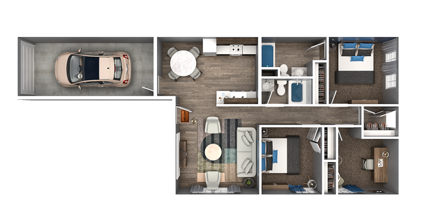Modern floor plan showcasing two bedrooms, spacious living area, dining space, kitchen, two bathrooms, and a garage.