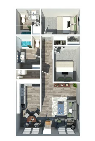 Modern apartment floor plan showcasing two bedrooms, two bathrooms, a sleek kitchen, and a stylish living area with contemporary furnishings.