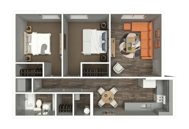 Modern apartment floor plan showcasing two cozy bedrooms, a stylish open living room with vibrant furniture, and a contemporary kitchen with dining space. Smart layout maximized for comfort and functionality.