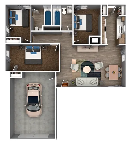 Modern 3D floor plan showcasing 3 bedrooms, a cozy living room, a functional kitchen, and a convenient garage.