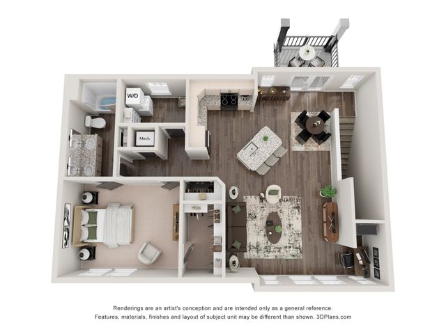 Modern 3D floor plan showcasing a spacious 1-bedroom apartment with open-concept living area, gourmet kitchen, and private balcony.