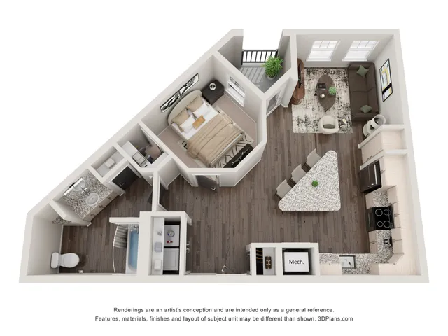 Modern 3D floor plan showcasing a chic one-bedroom apartment with an open living and kitchen area, elegant bathroom, and private balcony, perfect for stylish urban living.