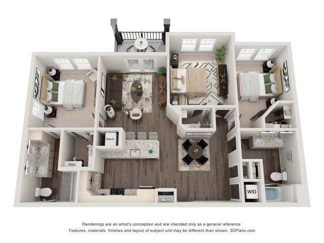 Modern 3D floor plan featuring three bedrooms, an open-concept kitchen with an island, cozy living area, stylish dining space, and two elegant bathrooms. Includes a private balcony for outdoor enjoyment.
