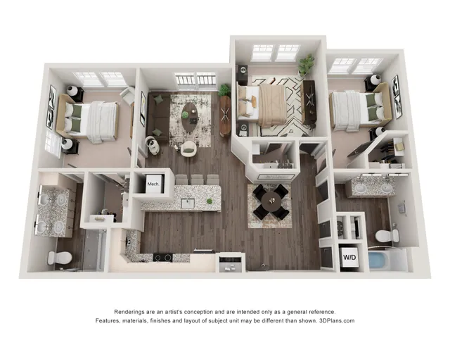 Modern 3D floor plan showcasing three bedrooms, an elegant living space, and a sleek kitchen with granite countertops. Includes two stylish bathrooms and a cozy dining area.