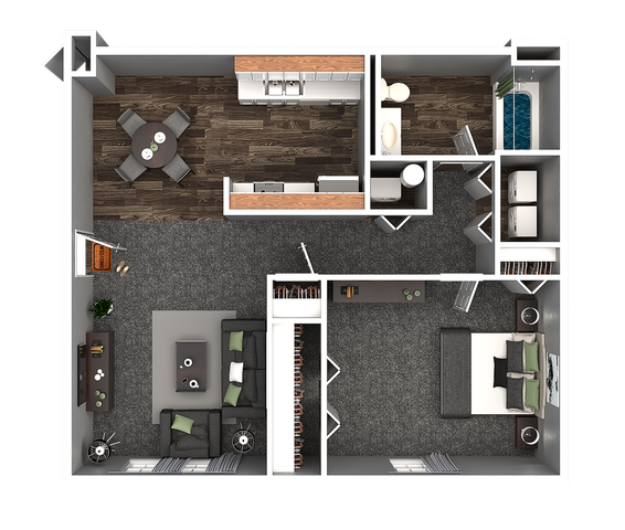 Modern apartment floor plan featuring an open-concept living dining area, sleek kitchen, cozy bedroom, and well-appointed bathroom.