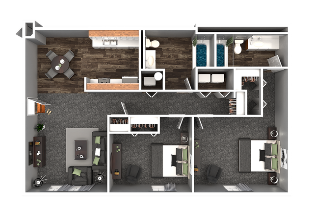 Modern 3D floor plan showcasing a sleek apartment with two large bedrooms, open-concept living and dining area, and a stylish kitchen. Featuring dual bathrooms and ample storage, perfect for contemporary living.