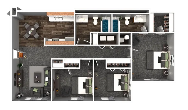 Modern floor plan showcasing a sleek 3-bedroom apartment with a spacious living room, two luxurious bathrooms, and a stylish kitchen with dining area.