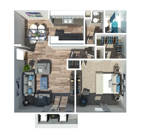 Modern 2D floor plan showcasing an open-plan living and dining area, sleek kitchen, spacious bedroom, and elegant bathroom.
