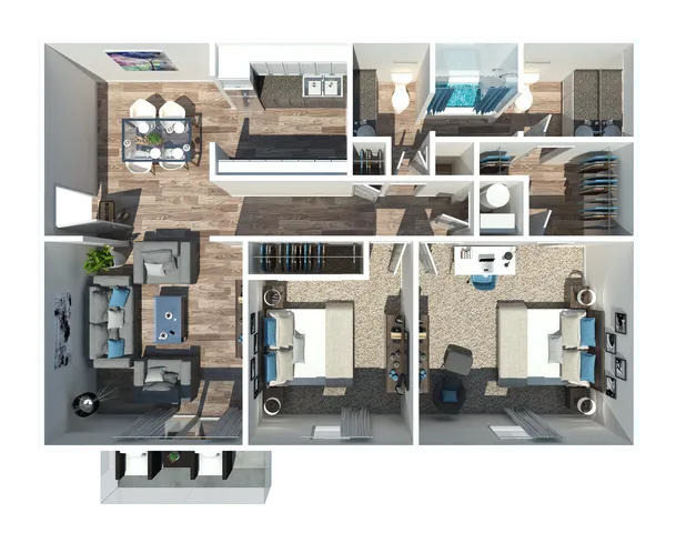 Modern 3D floor plan featuring two cozy bedrooms, elegant living room, sleek kitchen with dining area, and two stylish bathrooms. Inviting space with contemporary design.