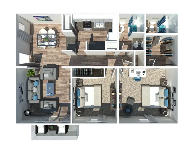 Modern 3D floor plan showcasing two cozy bedrooms, spacious living room, elegant dining area, and sleek kitchen, highlighting optimal use of space and stylish design.