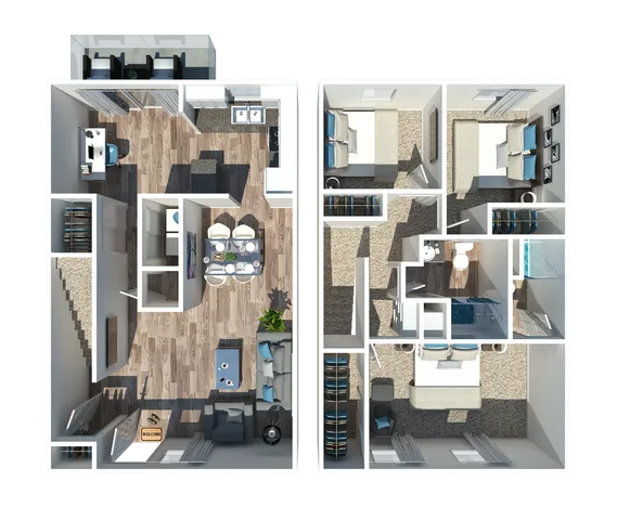 Elegant two-story floor plan showcasing three spacious bedrooms, modern kitchen, open-concept dining and living room, and two bathrooms with stylish interiors.