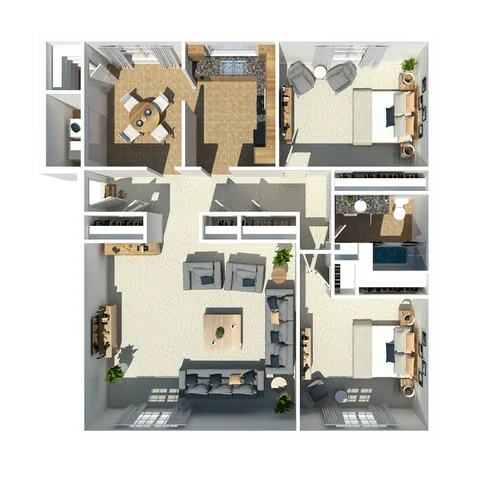 Inviting 3D apartment floor plan showcasing 2 bedrooms, a spacious living area, modern kitchen, and chic bathrooms.