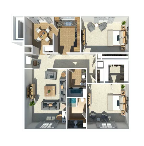 Modern 2D floor plan featuring 2 bedrooms, spacious living area, sleek kitchen, and cozy dining nook.