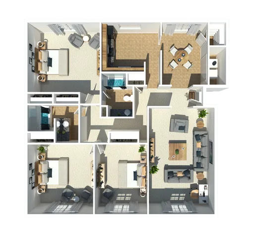Chic 3D floor plan showcasing 3 bedrooms, a cozy living room, and an elegant dining area, perfect for modern living.