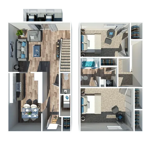 Modern two-story floor plan featuring a spacious open-concept living area, sleek kitchen, and dining on the first floor, with two cozy bedrooms and two bathrooms on the upper level.