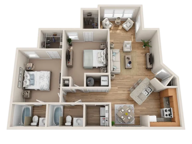 Elegant 3D floor plan featuring 2 bedrooms, 2 bathrooms, stylish open-concept living area, and a modern kitchen with island seating.