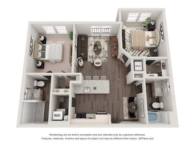 Modern apartment floor plan with 2 bedrooms, an open-concept living area, sleek kitchen, and two stylish bathrooms.