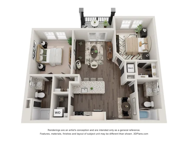Modern 3D floor plan showcasing 2 bedrooms, sleek kitchen with island, and stylish open-concept living area with balcony view.