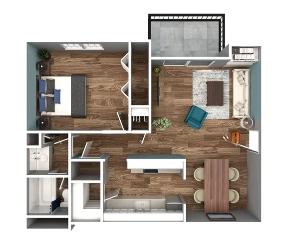 Modern floor plan featuring a spacious bedroom, elegant living room with balcony access, and a stylish kitchen with dining area.