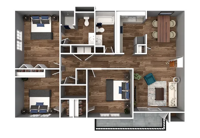 Elegant 3-bedroom floor plan featuring hardwood floors, a spacious living room, modern kitchen, and two bathrooms, ideal for comfortable living.