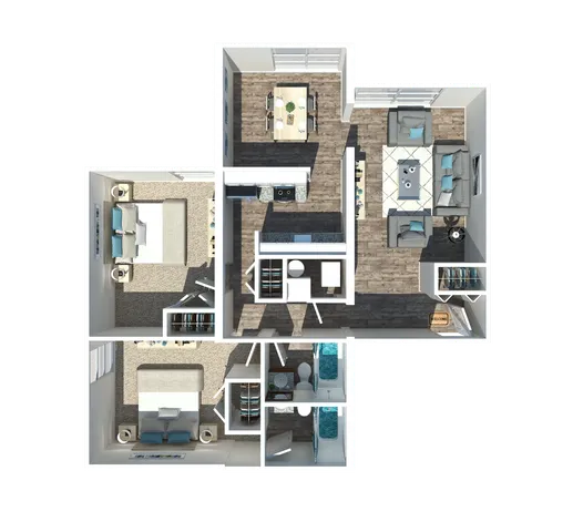 Modern 3D floor plan showcasing two spacious bedrooms, cozy living room, and sleek open-concept kitchen.