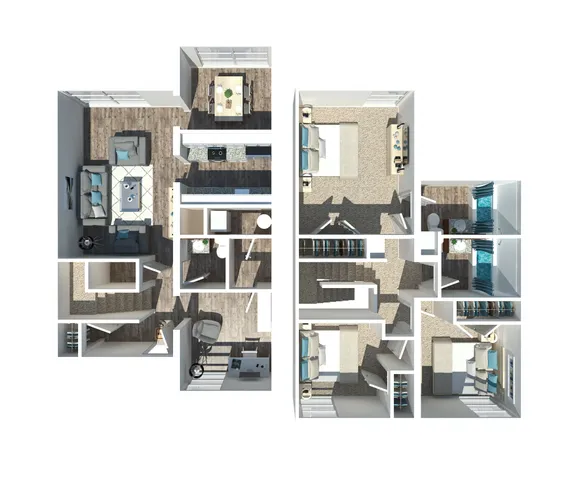 Elegant 3D floor plan showcasing a modern two-story apartment with spacious living areas, including a cozy living room, stylish kitchen, dining area, three bedrooms, and ample storage space.