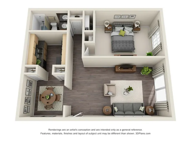 Modern 3D floor plan highlighting a spacious 1-bedroom apartment with an open-concept living and dining area, fully-equipped kitchen, and elegant bathroom design.