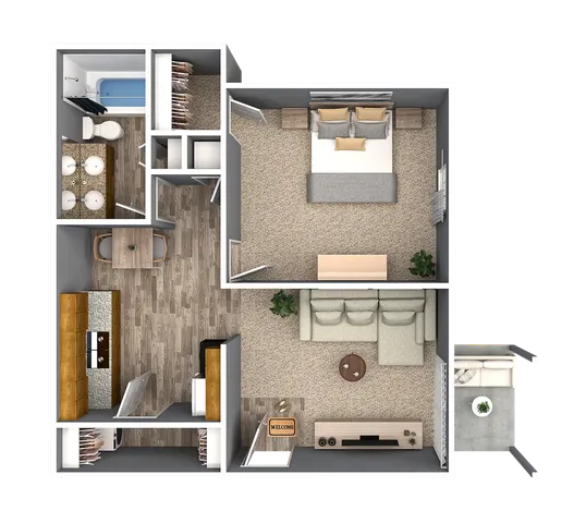 Modern floor plan featuring a spacious bedroom, elegant living room, and a cozy kitchen with dining area, perfect for comfortable living.