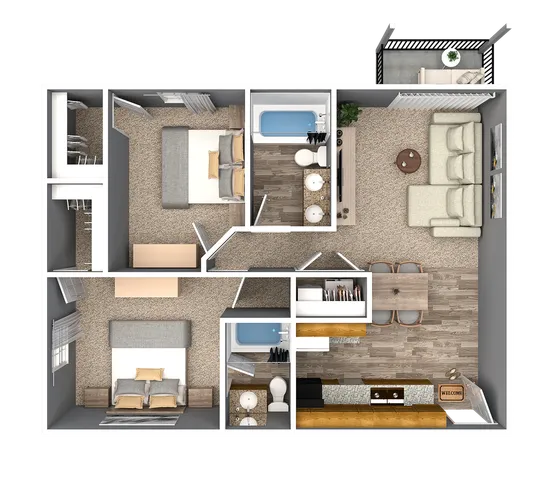 Modern floor plan showcasing 2 spacious bedrooms, open living and dining area, sleek kitchen, and private balcony.