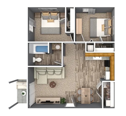Modern 2D floor plan showcasing two cozy bedrooms, an inviting open-concept living area, stylish kitchen, elegant bathroom, and a charming balcony.