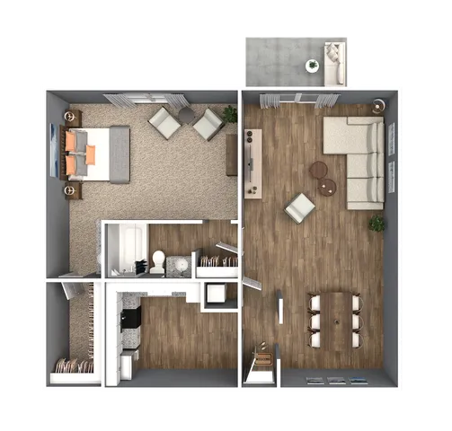 Modern 2D floor plan showcasing a sleek one-bedroom apartment with an open living and dining area, cozy balcony, and elegant wood flooring.