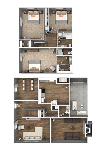 Modern floor plan featuring 3 bedrooms, open-concept living area, gourmet kitchen, and spacious dining area with elegant hardwood floors.