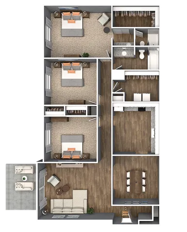 Modern 3D apartment floor plan showcasing 3 bedrooms, an open-concept living and dining area, a sleek kitchen, and a cozy outdoor patio.