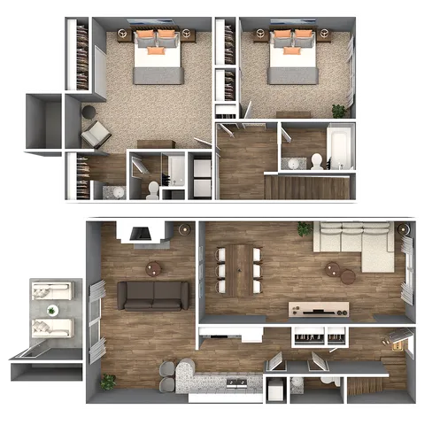 Modern 3D floor plan showcasing 2 elegant bedrooms, a spacious open-concept living and dining area, and a sleek kitchen with hardwood floors.