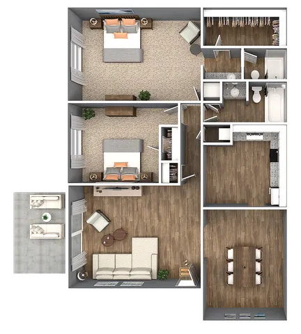 Chic 3D floor plan featuring 2 spacious bedrooms, elegant living area with balcony access, modern kitchen, generous dining space, and 2 stylish bathrooms.