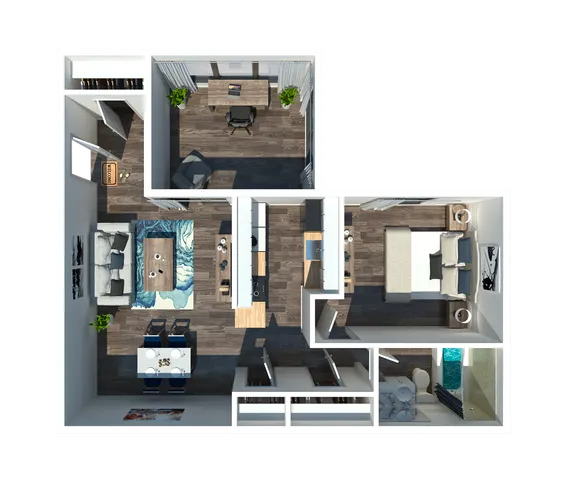 Contemporary 3D floor plan showcasing a stylish one-bedroom layout with an elegant home office, modern living area, dining space, and fully-equipped kitchen.