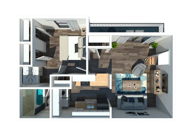 Contemporary 3D apartment floor plan showcasing 1 bedroom, open living area, modern kitchen, and sleek bathroom with stylish decor.