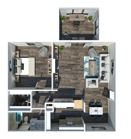 Modern 3D floor plan showcasing a spacious one-bedroom apartment, featuring an open-concept living and dining area, sleek kitchen, and a dedicated office space.