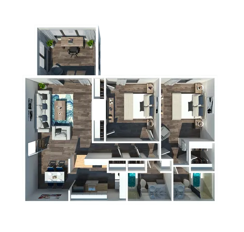 Modern apartment floor plan featuring 2 spacious bedrooms, a chic living room, stylish kitchen, private home office, and elegant bathrooms.