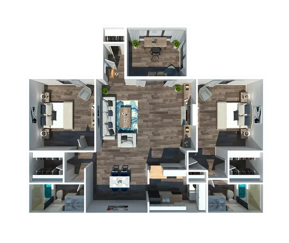 Contemporary 3D floor plan showcasing 3 bedrooms, a stylish living room, and a modern kitchen with hardwood flooring.