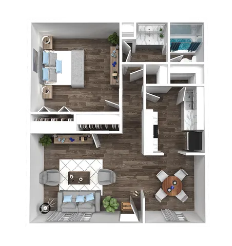 Modern 3D floor plan showcasing a spacious one-bedroom apartment with an open-concept living and dining area, sleek kitchen, and contemporary bathroom, all featuring elegant wood flooring.