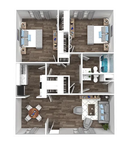 Elegant floor plan showcasing 2 bedrooms, spacious living room, modern kitchen, and a sleek bathroom, perfect for comfortable living.