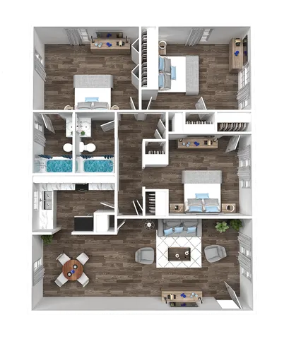 Modern floor plan showcasing 3 bedrooms, cozy living room, stylish open kitchen, and elegant dining area with sleek wood flooring.