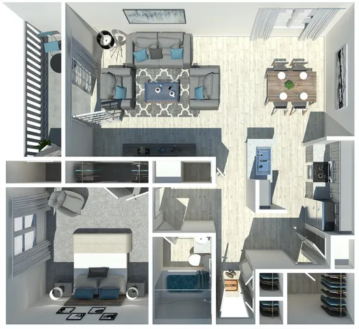 Modern 2D floor plan showcasing a luxurious apartment with one bedroom, a contemporary kitchen, spacious living area, dining space, and elegant bathroom.