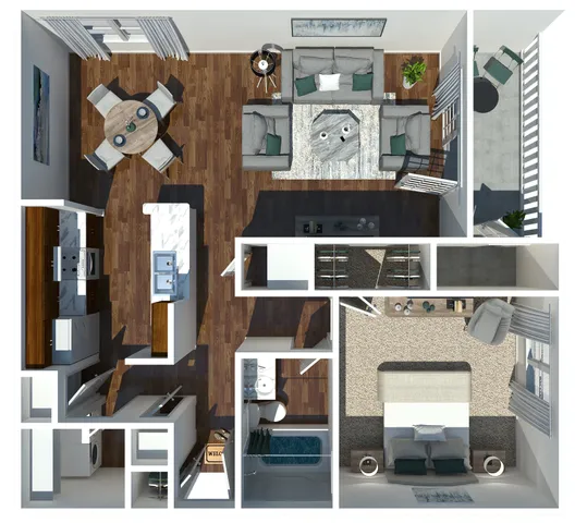 Modern open floor plan featuring one bedroom, a spacious living area, a sleek kitchen, and a cozy balcony.