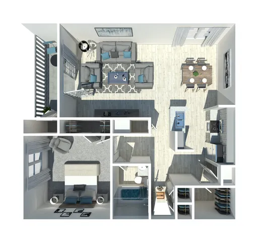 Contemporary 3D floor plan showcasing a spacious 1-bedroom apartment with an open-concept living and dining area, modern kitchen, and stylish bathroom.