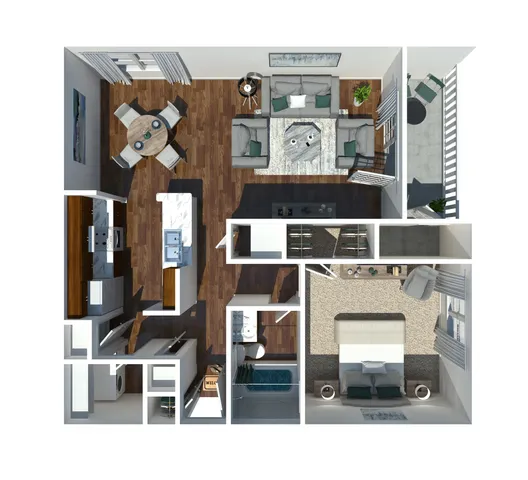 Modern floor plan showcasing a 1-bedroom, open-concept living area with stylish kitchen, cozy dining space, and private balcony.